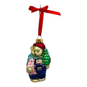 LLT Hand Blown Mercury Glass Teddy Bear Christmas Ornament Glitter Overalls Pink